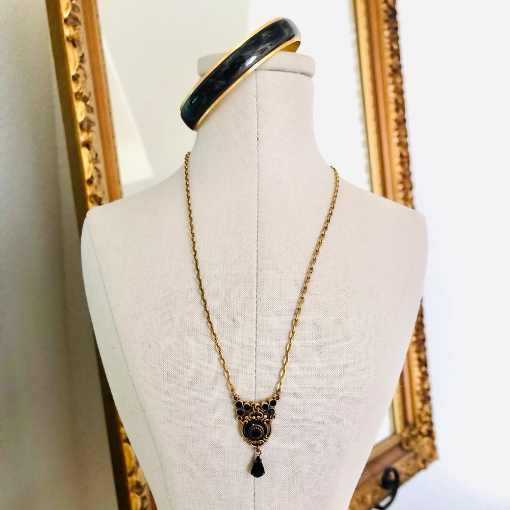Vintage Black Enamel Bangle & Black Crystal Necklace